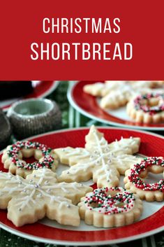 christmas shortbread cookies with sprinkles on red plates