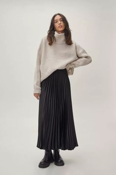 NastyGal Satin Pleated Midaxi Skirt | Debenhams Long Pleated Skirt Outfit, Pleated Maxi Skirt Outfit, Black Pleated Skirt Outfit, Winter Maxi Skirt Outfit, Pleated Midi Skirt Outfit, Midi Skirt Outfit Winter, Long Skirt Winter, Black Skirt Outfits, Midaxi Skirt