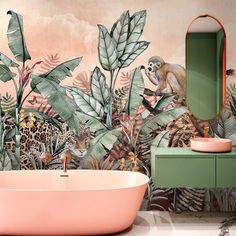 a bathroom with a tub, mirror and wall mural