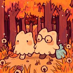 two cartoon characters are touching each other in front of some trees and grass with leaves