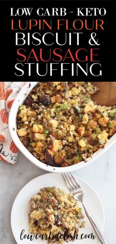 low carb keto lupin flour biscuit and sausage stuffing in a casserole dish