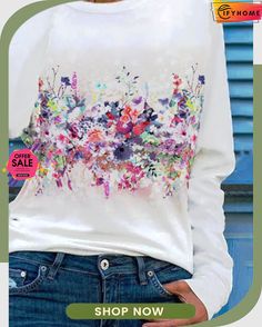 Regular Fit Floral Casual Vacation T-shirt Casual Printed Fall T-shirt, Casual Printed T-shirt For Fall, Spring Long Sleeve Graphic T-shirt, Crew Neck Printed Tops For Fall, Trendy Long Sleeve Floral T-shirt, Trendy Long Sleeve Floral Print T-shirt, Multicolor Floral Print Crew Neck Top, Trendy Long Sleeve Tops With Sublimation Print, Spring Multicolor Graphic Print T-shirt