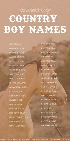 the country boy names are shown in white on an orange background with a horse standing next to it