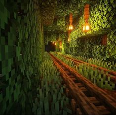 the inside of a minecraft train station with green and yellow tiles on the walls