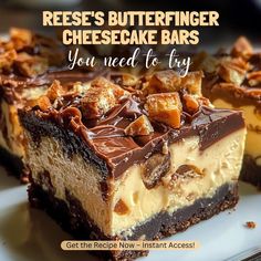 cheesecake bars on a plate with the words reese's butterfingerer cheesecake bars you need to try