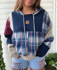 Fleece Hoodie With Patchwork For Fall, Hoodie And Flannel Diy, Upcycled Carhartt Shirt, Sweatshirt And Flannel Upcycle, Reworked Flannel