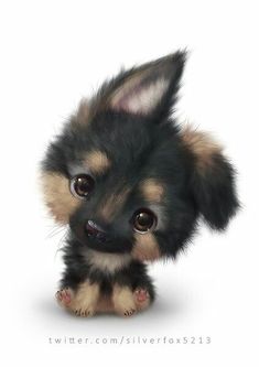 a small black and brown puppy sitting on top of it's hind legs in front of a white background