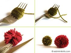 crocheted pom - pom ball being used as a fork and knife holder