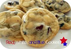 chocolate chip cookies on a white plate with red, white and blue stars