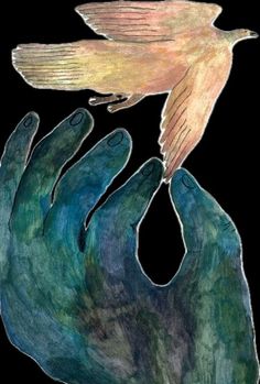 a drawing of two hands holding a bird