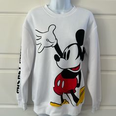 Available In Two Size Medium And Large 60% Cotton 40% Polyester Disney Sweatshirt Mickey Mouse Sporty Long Sleeve Tops With Character Print, Mickey Mouse Long Sleeve Sweatshirt For Streetwear, Long Sleeve Mickey Mouse Sweatshirt For Streetwear, White Mickey Mouse Crew Neck T-shirt, White Cartoon Print Crew Neck Sweatshirt, White Crew Neck Sweatshirt With Cartoon Print, White Sporty Sweatshirt With Cartoon Print, Casual White Sweatshirt With Cartoon Print, White Cotton Sweatshirt With Character Print