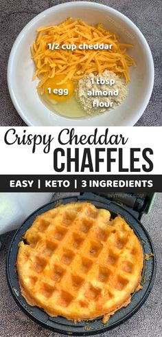 the recipe for crispy cheddar waffles is shown