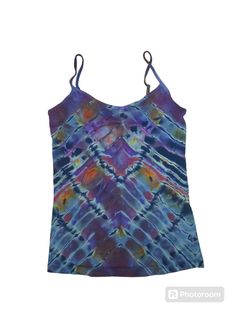 Reverse dyed tank top in shades design. Shades if purple, pink and orange. Size medium. Adjustable shoulder straps. Multicolor Vest Tank Top For Festival, Casual Purple Tank Vest, Multicolor Sleeveless Top With Adjustable Straps, Multicolor Sleeveless Tank Top With Adjustable Straps, Multicolor Camisole Top With Adjustable Straps, Multicolor Hand Dyed Tops For Summer, Multicolor Hand-dyed Sleeveless Top, Multicolor Hand Dyed Sleeveless Tops, Bohemian Sleeveless Hand-dyed Top