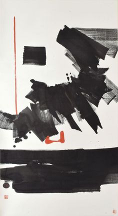 an abstract painting with black and red colors