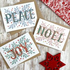 three handmade christmas cards with the words peace, joy and joy written on them