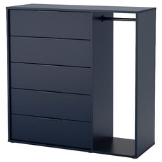 a tall black dresser with five drawers on one side and an open drawer on the other