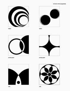 six different shapes are shown in black and white, each with an individual's own logo