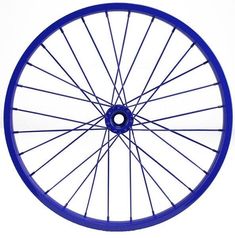 the front wheel of a bicycle with spokes and blue rims on a white background