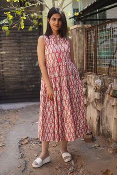 Red Printed Cotton Maxi Dress, Traditional Cotton Maxi Dress, Traditional Cotton Dress With Boho Print, Bohemian Block Print Midi Dress, Bohemian Ankle-length Cotton Dresses, Summer Anarkali Dress With Kalamkari Print, Cotton Anarkali Dress With Block Print, Summer Anarkali Dress With Block Print, Bohemian Midi Dress With Block Print