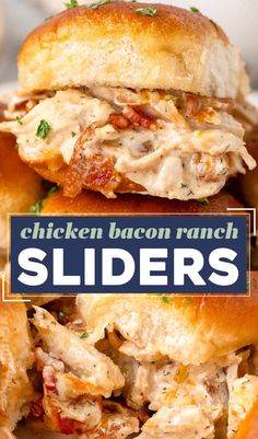 the chicken bacon ranch sliders are stacked on top of each other