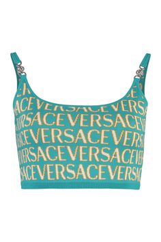 5V540 VERSACE JACQUARD KNIT TOP Versace Clothes, Versace Pattern, Versace Top, Baguette Bags, Green It, Leather Cap, Jacquard Knit, Knit Crop Top, Beach Tote Bags