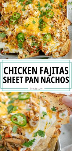 chicken fajita nachos on a tray and a hand pulling one away Chicken Fajita Nachos, Fajita Nachos, Spicy Chicken Tacos, Taco Tuesday Recipes, Nacho Dip, Pan Cooking, Healthy Beef Recipes, Best Party Food