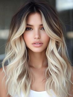 Pale Skin With Blonde Hair, Bright Blonde Dark Roots, Two Hair Colors Split, White Hair Dark Roots, High Balayage Blonde, Platinum Blonde Balayage Dark Roots, Dark Root Smudge Blonde, Ombre Hair Color For Blondes, Ombre Hair Brown To Blonde