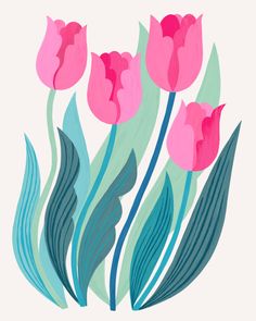 pink tulips with green leaves and blue stems on a white background in an abstract style