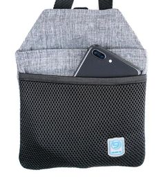 a cell phone is in the pocket of a black and grey bag on a white background