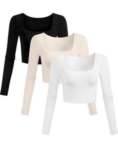 PRICES MAY VARY. Gorgeous Square Neckline: the squared neckline is so flattering and well done; There's no extra fabric anywhere, and the top is not revealing; The square neck crop top is a nice seasonal basic slim fitted t-shirt that will draw attention Comfortable and Reliable Material: the long sleeve crop top is made of 60% polyester, 35% rayon and 5% spandex, comfy, breathable, cool, stretchy, lightweight, not wrinkly; You will love the material and the elegant look Easy to Match: the women Black Long Sleeve Shirt Crop Top, Square Neckline Shirt, Cute Long Sleeve Shirt, Cheap Brands Clothes, Cute Fitted Tops, Long Sleeve Black Top Outfit, Cute Amazon Tops, Cute Amazon Clothes, Cute Tops For School