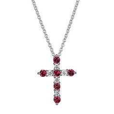 Features: Religious JewelryDiamond Clarity: I1Jewelry Closure: Spring Ring ClaspLink Construction: SolidSetting: ProngShape: CrossStone: RubyStone Cut: RoundStone Millimeter Measurement: 2.25 Mm Length, 2.25 Mm WidthDiamond Color: H-IMetal Color: WhiteChain Length: 18 InchExtender Length: 2 InchPendant Length: 16.3mmPendant Width: 12.3mmMetal: Sterling SilverChain Construction: CableCare: Polishing ClothStone Type: 5 Lab Grown DiamondAuthenticity: Lab Created StoneBirthstone: July BirthstoneCoun Red Cross Necklace For Valentine's Day, Red Sterling Silver Cross Necklace, Red Cross Necklace, Red Crucifix Cross Necklace Gift, Elegant Lab-created Ruby Pendant Jewelry, Ruby Cross Pendant, Sterling Silver Cross Pendant, Silver Cross Pendant, Red Ruby