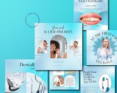 dental brochure design with toothbrushes and other medical items on blue background