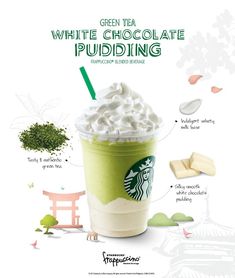 the starbucks green tea white chocolate pudding is shown with information about it and its ingredients