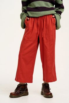 Chuck - Wide Leg Cotton Trousers in Red Ochre – Lucy & Yak Red Jumpsuit Outfit Casual, Red Jumpsuits Outfit, Jumpsuit Outfit Casual, Lucy Yak, 2024 Aesthetic, Lucy And Yak, Red Trousers, Red Ochre, Relaxed Trousers