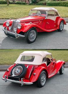 two pictures of an old red and white car