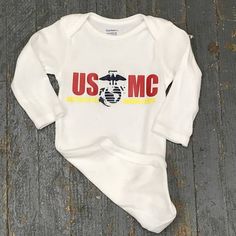 USMC Marine Corps Personalized Summer Onesie Bodysuit One Piece Newborn Infant Toddler Outfit Unisex White Custom Print Onesie, White Custom Print Unisex Onesie, White Pre-shrunk Cotton Onesie, Fitted White Onesie With Graphic Print, White Fitted Onesie With Graphic Print, White Cotton Bodysuit With Letter Print, White Cotton Bodysuit With Graphic Print, White Cotton Onesie With Name Print, Fitted Pre-shrunk White Onesie