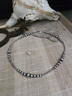 Sterling Silver Multi Sized Bead (machined beads) Navajo Pearl Necklace Hand Strung by Native American Artists Shepherd's Hook Closure