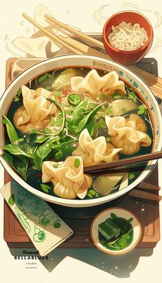 a bowl of soup with chopsticks and vegetables