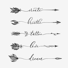 four arrows with the words create, breathe and live dream written in black ink on white paper