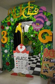 the entrance to an office decorated with paper machs and numbers, flowers, and hearts