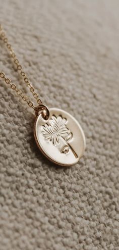 The Chrysanthemum flower is November's birth flower, so this November birth flower necklace is a great birth month flower birthday gift for friends, family, or even yourself. Its gold or sterling silver charm is hand-stamped with a Chrysanthemum flower design. It's the perfect personalized cute jewelry gift to celebrate your special someone's November birthday. Visit everaster.com to see this Chrysanthemum flower necklace and more birth flower by month jewelry. Everyday Gold Flower Necklace, Spiritual Gold Flower Necklace With Flower Charm, Everyday 14k Gold Filled Flower Jewelry, Flower By Month, Birth Flower By Month, November Birth Flower, Born In November, Birth Flower Necklace, Flower Birthday