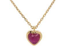 This Sophie d'Agon necklace will add the perfect pop of sweet, symbolic color to any collection. The smooth, Greenland ruby heart is set in a polished 18K yellow gold bezel. It hangs from the center of the adjustable 18K yellow gold chain and would look amazing alone or layered with your other favorites. total length : adjustable : 13 1/2", 14 1/2" and 15 1/4" : 18K yellow gold18K yellow gold and ruby pendant : 1/4" x 3/16"ruby : 4mm x 4mm : .15ct18K yellow gold spring ring clasp 14k Yellow Gold Heart Necklace With Gemstone, Valentine's Day Yellow Gold Ruby Jewelry, Elegant Ruby Necklace With Heart Charm, Ruby Heart Charm Pendant Necklace, Yellow Gold Ruby Heart Pendant Necklace, Heart-shaped Ruby Necklace In Yellow Gold, Yellow Gold Heart Cut Ruby Jewelry, Heart Cut Ruby Jewelry In Yellow Gold, Yellow Gold Heart Cut Gemstone Necklace