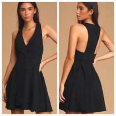 This Gorgeous, Fully Lined, Black Fit And Flare Dress Has A Deep V-Neckline, A Racer Back, An Invisible Zipper In The Back, And A Half Wrap Front. The Actual Dress Is The Same As The Model Pictures. Please See All Pictures For Details And Measurements. 209/01/23ha Black V-neck Dress With Flattering Silhouette, Black V-neck Dress For Date Night, Black Sleeveless V-neck Dress For Date Night, Flattering V-neck Mini Dress For Date Night, V-neck Cocktail Mini Dress With Flattering Silhouette, Black V-neck Mini Dress For Formal Occasions, Cocktail V-neck Mini Dress With Flattering Silhouette, Cocktail Mini Dress With V-neck And Flattering Silhouette, Black V-neck Mini Dress Lined