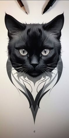 a drawing of a black cat with blue eyes