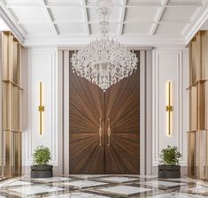 an elegant entrance with chandelier and potted plants on the floor in front of it