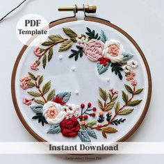 an embroidery pattern with flowers and leaves is shown on a white surface, surrounded by the instructions for how to make it