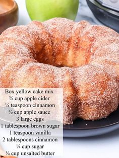 an apple cider donut on a plate with instructions for how to make it