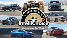 there are many different cars on the road with words that read, certified pre - owned 2012 intelili choice choose your car wisely