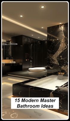 a bathroom with black marble walls and flooring, along with a bathtub in the middle