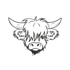 a black and white drawing of a bull's head with long horns on it